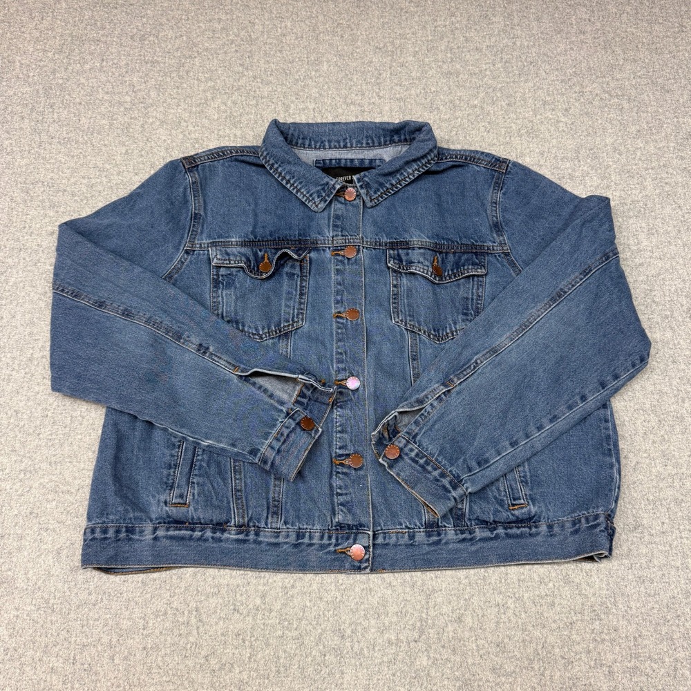Forever 21+ Denim Jacket Plus Size Blue Button Front Trucker Pockets Casual Coat